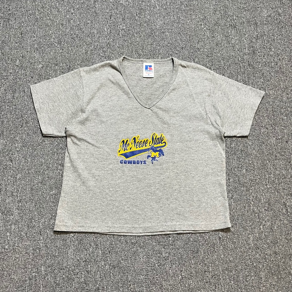 Russell Athletic McNeese State Cowboys T Shirt Size M Gray V-Neck Collegiate Tee